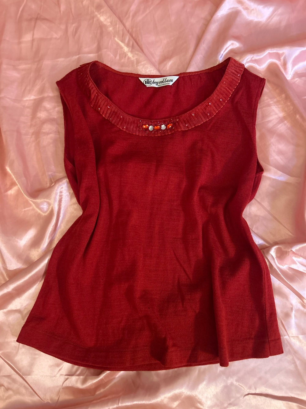 Bey Eel Luen High Fashion Women's Red Embellished Neckline Tank